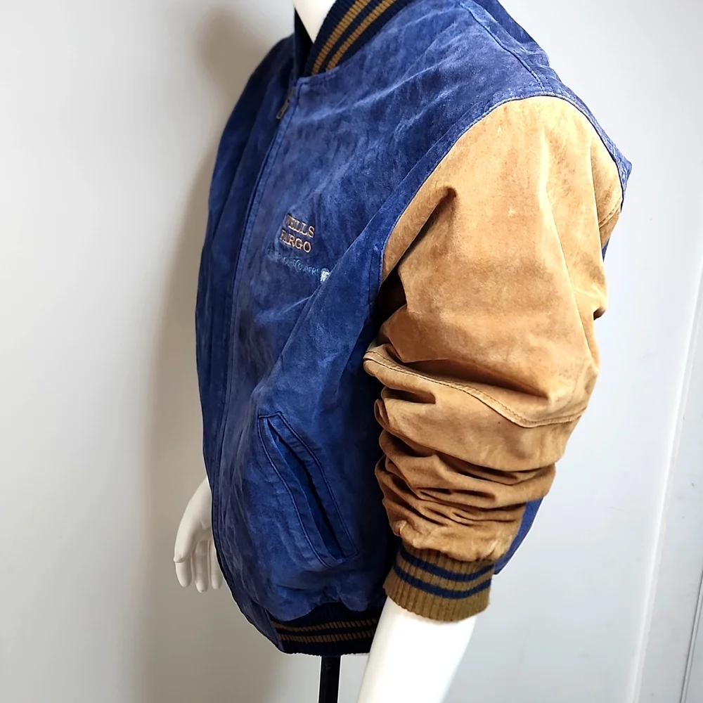 PORT AUTHORITY VINTAGE SUADE BOMBER LEATHER JACKET, LARGE, BLUE AND BROWN